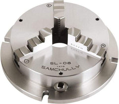 Samchully - 3 Jaw, 215mm Diam, Self Centering Manual Lathe Chuck - Plain Back Mount, Adjustable, 60mm Through Hole Diam, Forged Steel - Caliber Tooling