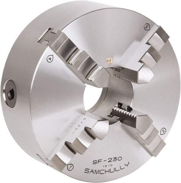 Samchully - 4 Jaw, 310mm Diam, Self Centering Manual Lathe Chuck - Rear Mount, Adjustable, 100mm Through Hole Diam, Forged Steel - Caliber Tooling