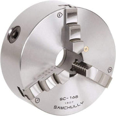 Samchully - 3 Jaw, 130mm Diam, Self Centering Manual Lathe Chuck - Rear Mount, Adjustable, 34mm Through Hole Diam, Forged Steel - Caliber Tooling