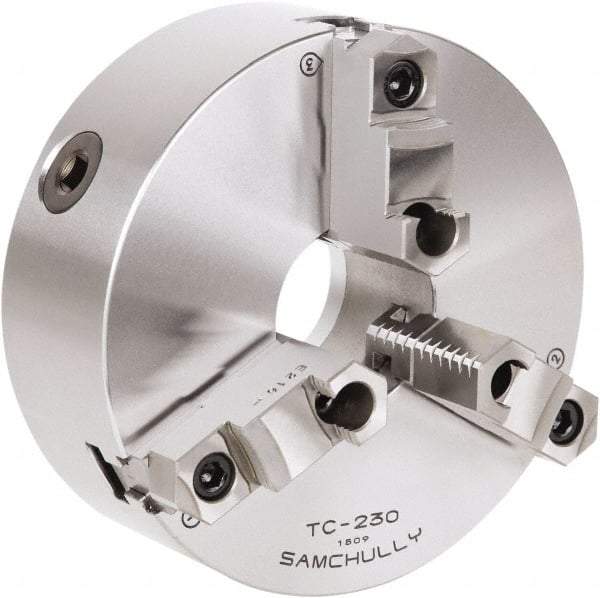 Samchully - 3 Jaw, 232mm Diam, Self Centering Manual Lathe Chuck - Rear Mount, Adjustable, 75mm Through Hole Diam, Forged Steel - Caliber Tooling