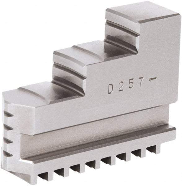 Samchully - 5" Max Chuck Diam Compatibility, Steel Square Serrated Hard Lathe Top Jaws - 2 Steps, 16mm Wide x 50mm Long x 34.5mm High - Caliber Tooling