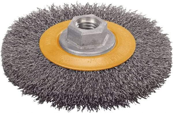 WALTER Surface Technologies - 6" OD, 5/8-11 Arbor Hole, Crimped Stainless Steel Wheel Brush - 5/8" Face Width, 1" Trim Length, 0.0118" Filament Diam, 9,000 RPM - Caliber Tooling