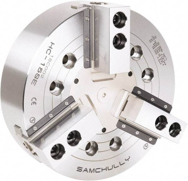 Samchully - 3 Jaw, 450mm Chuck Diam, Plain Back Mount, 0mm Through Hole Diam, Drawbar Hydraulic Power Lathe Chuck - 1.5mm x 60° Serrated Jaw Interface, 2,710 RPM, Steel Body - Caliber Tooling