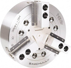 Samchully - 3 Jaw, 381mm Chuck Diam, Plain Back Mount, 0mm Through Hole Diam, Drawbar Hydraulic Power Lathe Chuck - 1.5mm x 60° Serrated Jaw Interface, 3,040 RPM, Steel Body - Caliber Tooling