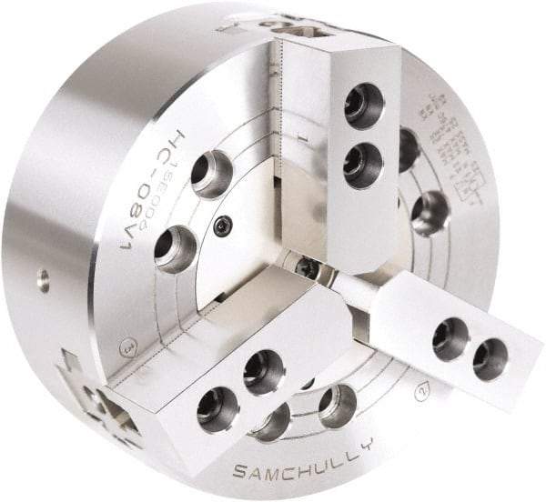 Samchully - 3 Jaw, 254mm Chuck Diam, Plain Back Mount, 0mm Through Hole Diam, Drawbar Hydraulic Power Lathe Chuck - 1.5mm x 60° Serrated Jaw Interface, 4,010 RPM, Steel Body - Caliber Tooling