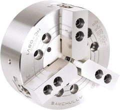 Samchully - 3 Jaw, 1000mm Chuck Diam, Plain Back Mount, 0mm Through Hole Diam, Drawbar Hydraulic Power Lathe Chuck - 3mm x 60° Serrated Jaw Interface, 630 RPM, Steel Body - Caliber Tooling