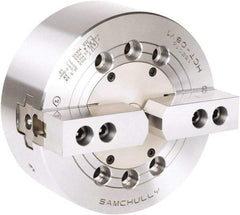 Samchully - 2 Jaw, 165mm Chuck Diam, Plain Back Mount, 0mm Through Hole Diam, Drawbar Hydraulic Power Lathe Chuck - 1.5mm x 60° Serrated Jaw Interface, 5,000 RPM, Steel Body - Caliber Tooling