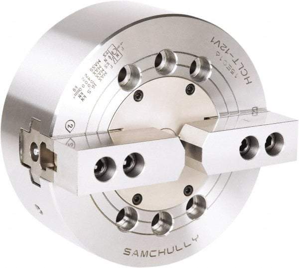 Samchully - 2 Jaw, 210mm Chuck Diam, Plain Back Mount, 0mm Through Hole Diam, Drawbar Hydraulic Power Lathe Chuck - 1.5mm x 60° Serrated Jaw Interface, 3,600 RPM, Steel Body - Caliber Tooling