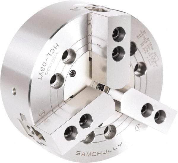 Samchully - 3 Jaw, 110mm Chuck Diam, Plain Back Mount, 0mm Through Hole Diam, Drawbar Hydraulic Power Lathe Chuck - 1.5mm x 60° Serrated Jaw Interface, 5,000 RPM, Steel Body - Caliber Tooling