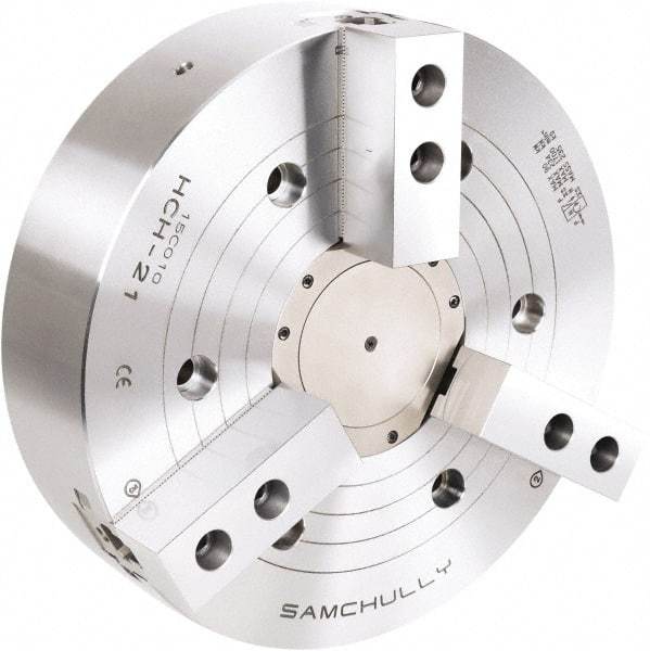 Samchully - 3 Jaw, 610mm Chuck Diam, Plain Back Mount, 165mm Through Hole Diam, Drawtube Hydraulic Power Lathe Chuck - 3mm x 60° Serrated Jaw Interface, 1,500 RPM, Steel Body - Caliber Tooling