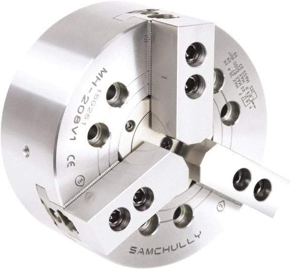 Samchully - 3 Jaw, 210mm Chuck Diam, Plain Back Mount, 66mm Through Hole Diam, Drawtube Hydraulic Power Lathe Chuck - 1.5mm x 60° Serrated Jaw Interface, 5,000 RPM, Steel Body - Caliber Tooling