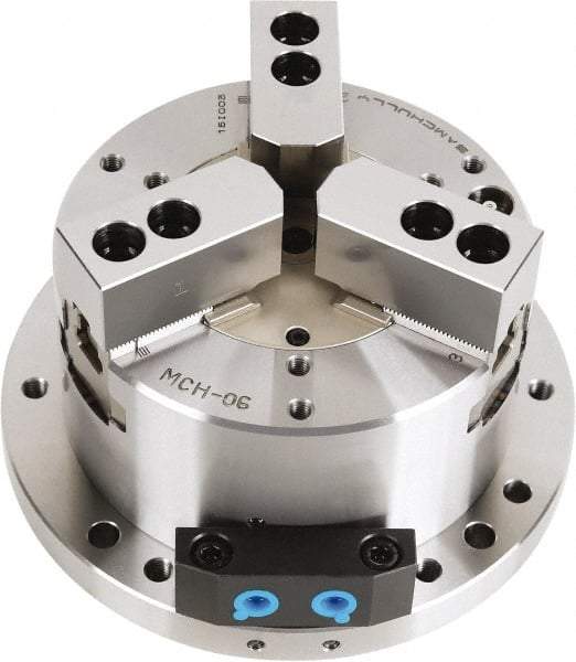 Samchully - 3 Jaw, 210mm Chuck Diam, Plain Back Mount, 0mm Through Hole Diam, Self-Contained Hydraulic Power Lathe Chuck - 1.5mm x 60° Serrated Jaw Interface, Steel Body - Caliber Tooling