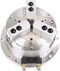 Samchully - 3 Jaw, 300mm Chuck Diam, Plain Back Mount, 0mm Through Hole Diam, Self-Contained Air Power Lathe Chuck - 1.5mm x 60° Serrated Jaw Interface, Steel Body - Caliber Tooling