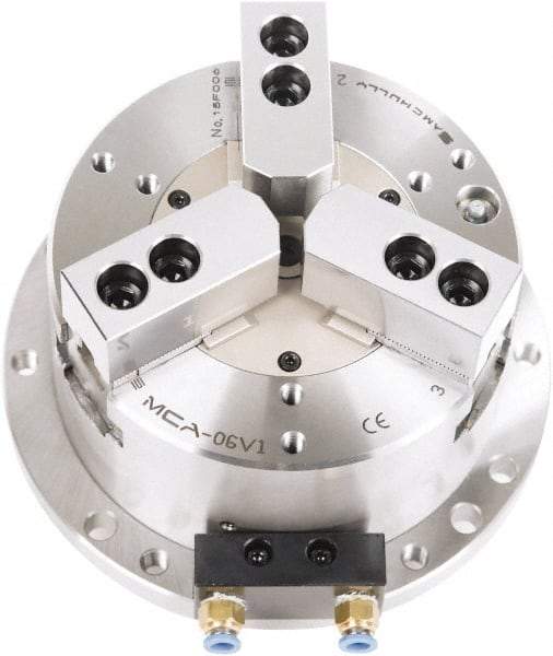 Samchully - 3 Jaw, 203mm Chuck Diam, Plain Back Mount, 0mm Through Hole Diam, Self-Contained Air Power Lathe Chuck - 1.5mm x 60° Serrated Jaw Interface, Steel Body - Caliber Tooling