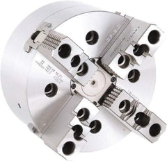 Samchully - 4 Jaw, 254mm Chuck Diam, Plain Back Mount, 0mm Through Hole Diam, Drawbar Hydraulic Power Lathe Chuck - 1.5mm x 60° Serrated Jaw Interface, 3,200 RPM, Steel Body - Caliber Tooling