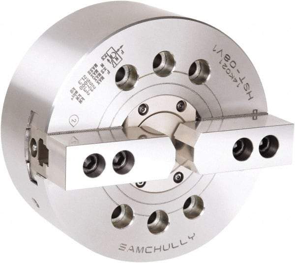 Samchully - 2 Jaw, 254mm Chuck Diam, Plain Back Mount, 77mm Through Hole Diam, Drawtube Hydraulic Power Lathe Chuck - 1.5mm x 60° Serrated Jaw Interface, 4,200 RPM, Steel Body - Caliber Tooling