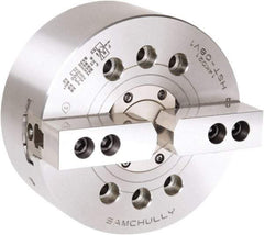 Samchully - 2 Jaw, 169mm Chuck Diam, Plain Back Mount, 46mm Through Hole Diam, Drawtube Hydraulic Power Lathe Chuck - 1.5mm x 60° Serrated Jaw Interface, 6,000 RPM, Steel Body - Caliber Tooling