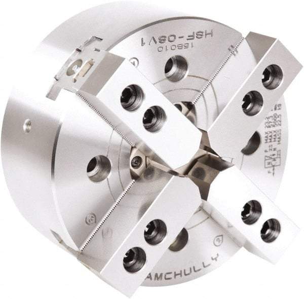 Samchully - 4 Jaw, 254mm Chuck Diam, Plain Back Mount, 77mm Through Hole Diam, Drawtube Hydraulic Power Lathe Chuck - 1.5mm x 60° Serrated Jaw Interface, 4,200 RPM, Steel Body - Caliber Tooling