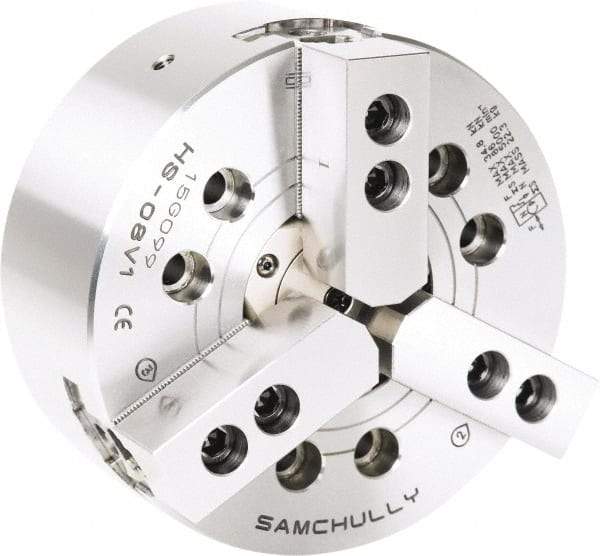 Samchully - 3 Jaw, 304mm Chuck Diam, Plain Back Mount, 91mm Through Hole Diam, Drawtube Hydraulic Power Lathe Chuck - 1.5mm x 60° Serrated Jaw Interface, 3,300 RPM, Steel Body - Caliber Tooling