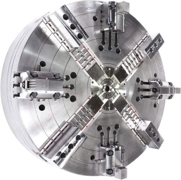 Samchully - 4 Jaw, 1400mm Chuck Diam, Plain Back Mount, 0mm Through Hole Diam, Drawbar Hydraulic Power Lathe Chuck - Tongue & Groove Jaw Interface, 400 RPM, Steel Body - Caliber Tooling