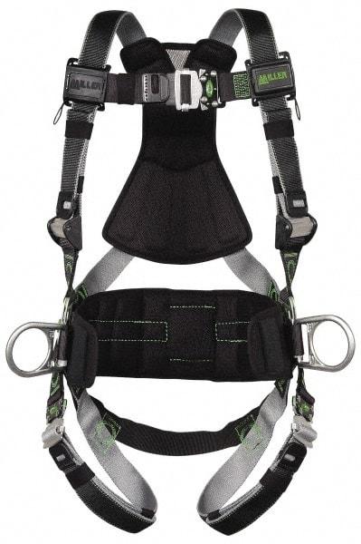 Miller - 400 Lb Capacity, Size Universal, Full Body Construction Safety Harness - Polyester (Outer) & Webbing, Side D-Ring, Quick Connect Leg Strap, Quick Connect Chest Strap, Green/Black - Caliber Tooling