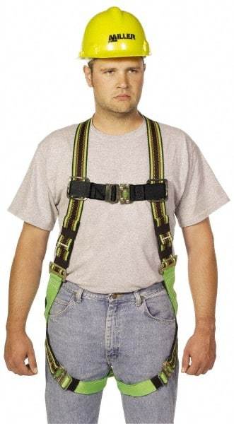 Miller - 400 Lb Capacity, Size Universal, Full Body Construction Safety Harness - Polyester Webbing, Quick Connect Leg Strap, Quick Connect Chest Strap, Green/Black - Caliber Tooling