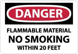 NMC - "Danger - Flammable Material - No Smoking Within 20 Feet", 7" Long x 10" Wide, Pressure-Sensitive Vinyl Safety Sign - Rectangle, 0.004" Thick, Use for Accident Prevention - Caliber Tooling