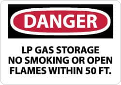 NMC - "Danger - LP Gas Storage - No Smoking or Open Flames Within 50 Ft.", 10" Long x 14" Wide, Aluminum Safety Sign - Rectangle, 0.04" Thick, Use for Accident Prevention - Caliber Tooling