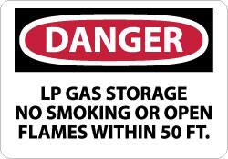 NMC - "Danger - LP Gas Storage - No Smoking or Open Flames Within 50 Ft.", 10" Long x 14" Wide, Pressure-Sensitive Vinyl Safety Sign - Rectangle, 0.004" Thick, Use for Accident Prevention - Caliber Tooling