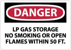 NMC - "Danger - LP Gas Storage - No Smoking or Open Flames Within 50 Ft.", 7" Long x 10" Wide, Rigid Plastic Safety Sign - Rectangle, 0.05" Thick, Use for Accident Prevention - Caliber Tooling