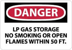 NMC - "Danger - LP Gas Storage - No Smoking or Open Flames Within 50 Ft.", 10" Long x 14" Wide, Rigid Plastic Safety Sign - Rectangle, 0.05" Thick, Use for Accident Prevention - Caliber Tooling