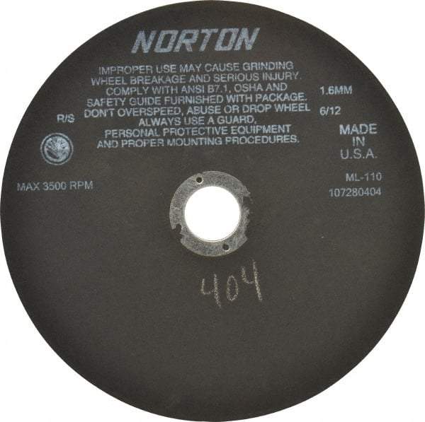 Norton - 10" Aluminum Oxide Cutoff Wheel - 0.063" Thick, 1-1/4" Arbor, 3,500 Max RPM, Use with Stationary Tools - Caliber Tooling