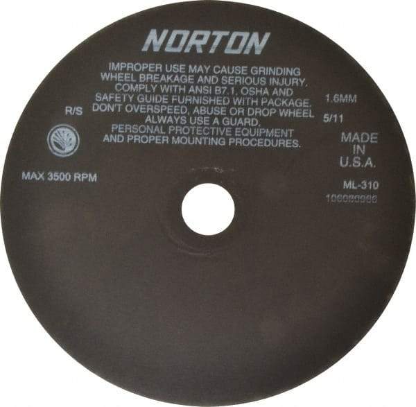 Norton - 10" Aluminum Oxide Cutoff Wheel - 0.063" Thick, 1-1/4" Arbor, 3,500 Max RPM, Use with Stationary Tools - Caliber Tooling