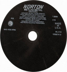 Norton - 10" Aluminum Oxide Cutoff Wheel - 0.063" Thick, 1-1/4" Arbor, 4,585 Max RPM, Use with Stationary Tools - Caliber Tooling