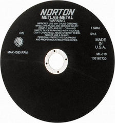 Norton - 10" Aluminum Oxide Cutoff Wheel - 0.063" Thick, 1-1/4" Arbor, 4,585 Max RPM, Use with Stationary Tools - Caliber Tooling