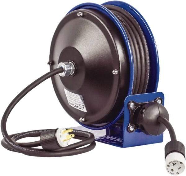 CoxReels - 16 AWG, 30' Cable Length, Cord & Cable Reel with Outlet End - 1 Outlet, NEMA 5-15R, 13 Amps, 115 Volts, SJO Cable, Blue Reel, Spring Driven Reel - Caliber Tooling