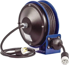 CoxReels - 12 AWG, 30' Cable Length, Cord & Cable Reel with Outlet End - 1 Outlet, NEMA 5-20R, 20 Amps, 115 Volts, SJO Cable, Blue Reel, Spring Driven Reel - Caliber Tooling