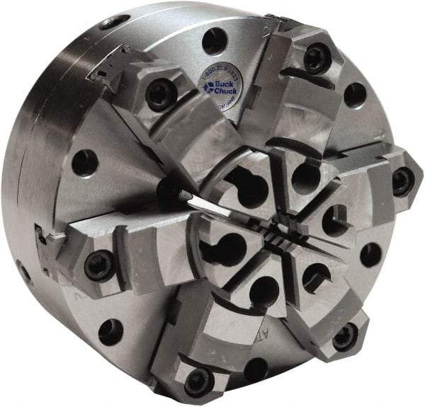 Buck Chuck Company - 6 Jaws, 6" Diam, Self Centering Manual Lathe Chuck - Plain Back Mount Spindle, Adjustable, Reversible, 1,600 Max RPM, 1-11/16" Through Hole Diam, Cast Iron - Caliber Tooling