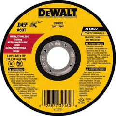 DeWALT - 4-1/2" 60 Grit Aluminum Oxide Cutoff Wheel - 0.045" Thick, 7/8" Arbor, 13,300 Max RPM, Use with Angle Grinders - Caliber Tooling