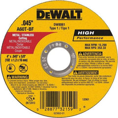 DeWALT - 4" 60 Grit Aluminum Oxide Cutoff Wheel - 0.045" Thick, 5/8" Arbor, 15,200 Max RPM, Use with Angle Grinders - Caliber Tooling