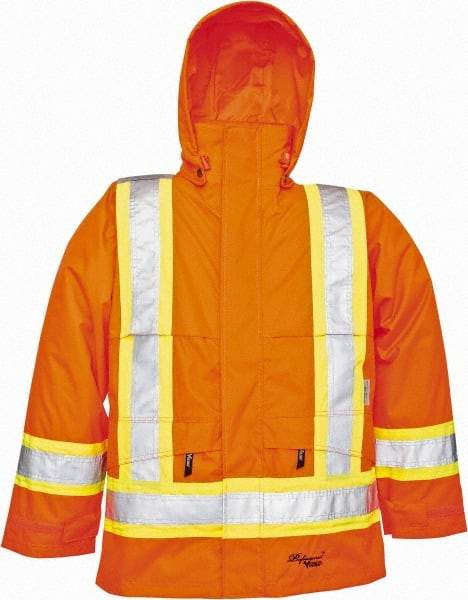 Viking - Size 4XL, High Visibility Orange, Rain, Wind Resistant Jacket - 58" Chest, Detachable Hood - Caliber Tooling