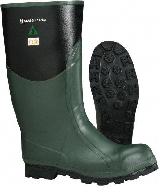 Viking - Men's Size 8 Medium Width Steel Knee Boot - Green, Black, Rubber Upper, Nitrile Rubber Outsole, 15" High, Non-Slip, Waterproof, Electric Shock Resistant - Caliber Tooling