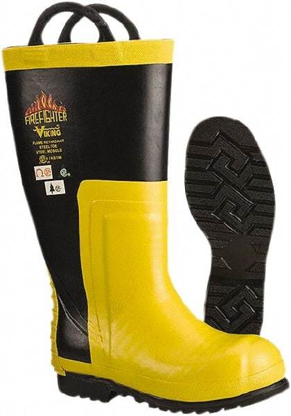 Viking - Men's Size 14 Medium Width Steel Work Boot - Black, Yellow, Rubber Upper, Nitrile Rubber Outsole, 14" High, Non-Slip, Chemical Resistant, Waterproof, Electric Shock Resistant - Caliber Tooling