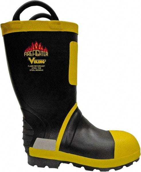 Viking - Men's Size 9 Medium Width Steel Work Boot - Black, Yellow, Rubber Upper, Nitrile Rubber Outsole, 14" High, Non-Slip, Waterproof - Caliber Tooling