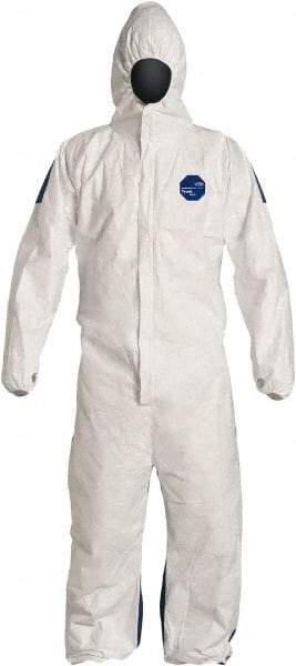 Dupont - Size M Film Laminate General Purpose Coveralls - White/Blue, Zipper Closure, Elastic Cuffs, Elastic Ankles, Serged Seams, Hazard Level D & C - Caliber Tooling