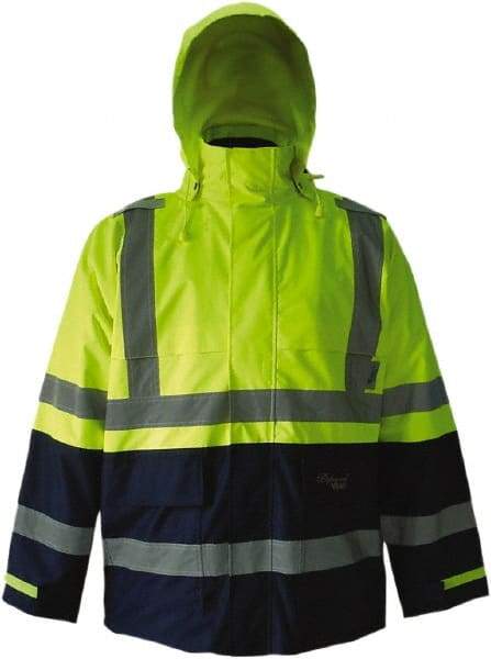 Viking - Size 4XL, High Visibility Lime & Navy, Rain, Wind Resistant Jacket - 58" Chest, 4 Pockets, Detachable Hood - Caliber Tooling