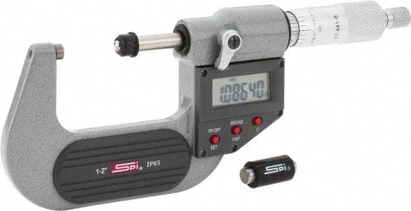 SPI - 1 to 2" Range, 0.00005" Resolution, Standard Throat IP65 Electronic Outside Micrometer - 0.0001" Accuracy, Ratchet Stop Thimble, Carbide-Tipped Face, LR44 Battery, Includes NIST Traceable Certification of Inspection - Caliber Tooling