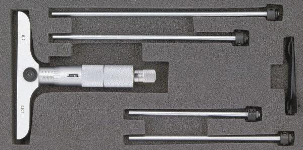 SPI - 0 to 12" Range, 12 Rod, Mechanical Depth Micrometer - Ratchet Stop Thimble, 4" Base Length, 0.001" Graduation, 4.5mm Rod Diam - Caliber Tooling