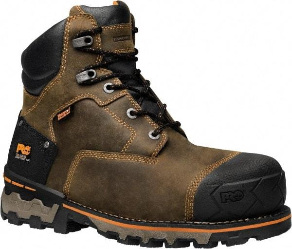 Timberland PRO - Men's Size 8 Medium Width Composite Work Boot - Brown, Leather, Rubber Upper, TPU Outsole, 6" High, Safety Toe, Waterproof - Caliber Tooling