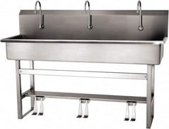 SANI-LAV - 57" Long x 16-1/2" Wide Inside, 1 Compartment, Grade 304 Stainless Steel (4) Person Wash-Station with Double Foot Valves - 16 Gauge, 60" Long x 20" Wide x 45" High Outside, 8" Deep - Caliber Tooling